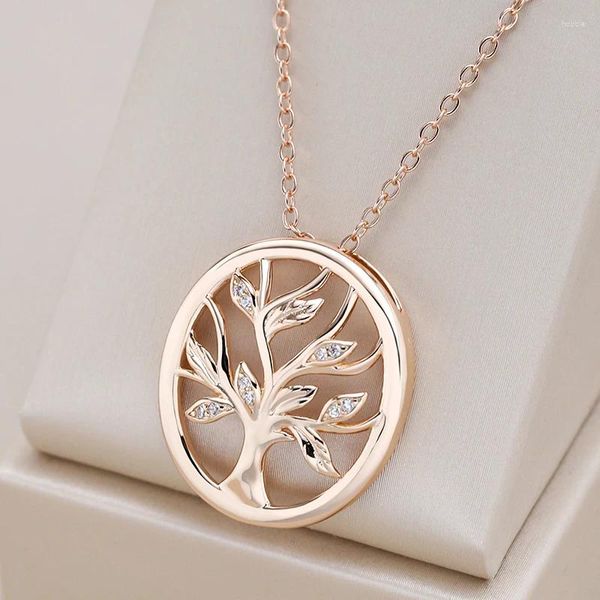 Colares Pingente Kinel 585 Rose Gold Color Lucky Tree Colar para Mulheres Moda Natural Zircon Diário Fine Vintage Jóias