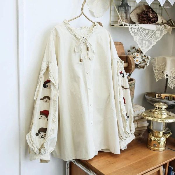 Blouses Femmes Japon Style Chemises Femmes Broderie À Manches Longues Vintage Blouse Femme Arrivée Simple Boutonnage Casual Tops Camisas Mujer