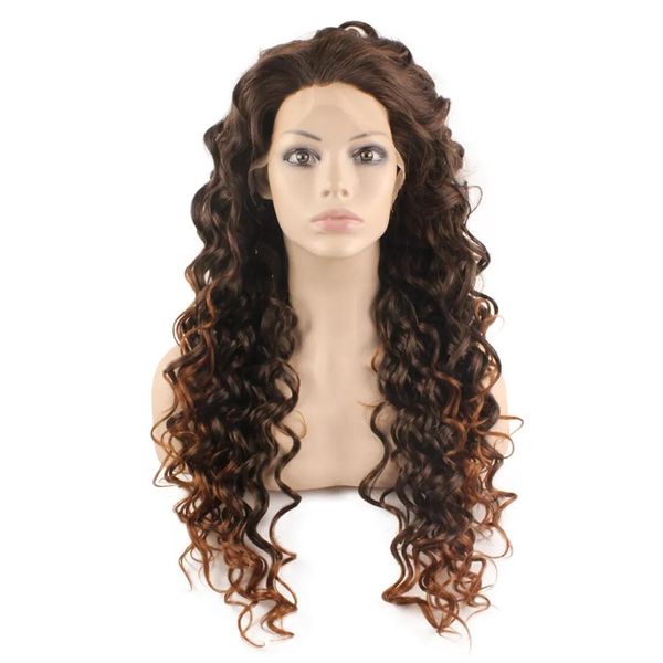 Perucas Longo Encaracolado Auburn Ponta Marrom Dois Tons Ombre Lace Front Wig