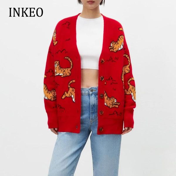 Giacche 2022 più recenti donne tigre rossa a maglia a maglia maglione vneck vneck casual oversize femmina giacca da maglieria vestita di moda inkeo 2o008