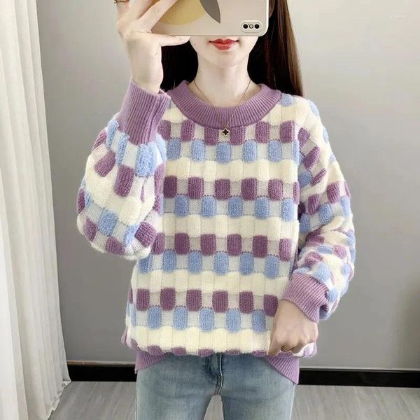 Maglioni da donna 2023 coreano colore a contrasto plaid maglione lavorato a maglia primavera autunno donna casual allentato manica lunga signore maglieria calda