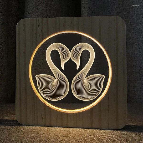 Luci notturne 3D Cigno in legno Coppia Ombra Cristianesimo Crocifisso Artigianato Lampada da tavolo a LED Legno USB Scrivania Regalo per bambini Decorazione della casa