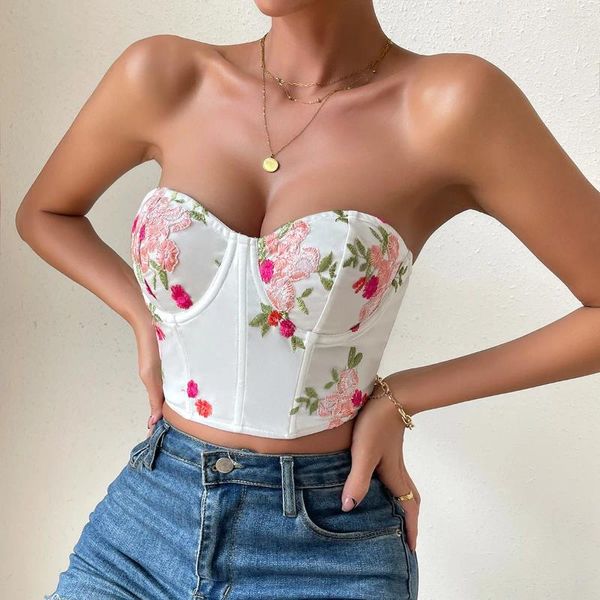 Kadın Tankları Seksi Kadın Camisole Çiçek Nakamı Beyaz Omuzdan Omuz Toplu Üst Kolsuz Arka Bandaj Dantel Yukarı Fantezi korse Camis Crop