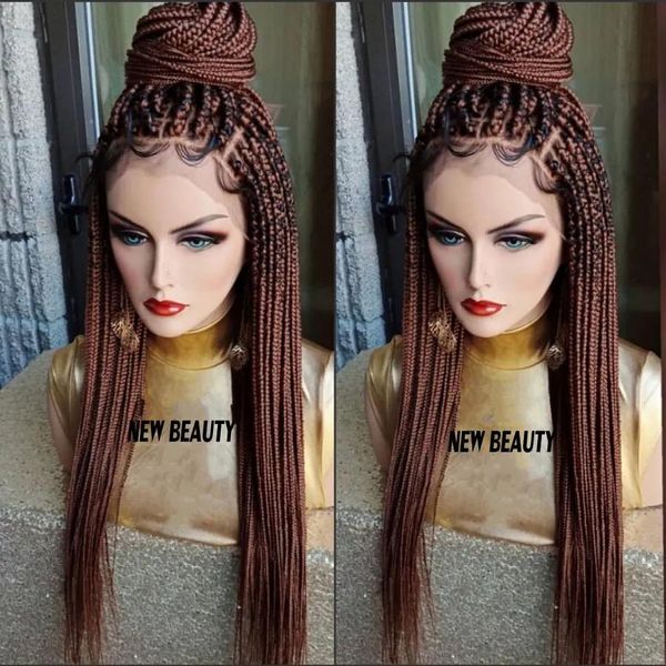Парики # 30 коричневый Парик Box Braids с детскими волосами, полный парик с косой, кружевной передний парик для женщин, Африканский женский стиль, плетение, парик из синтетических волос