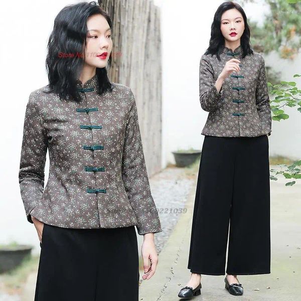 Ethnische Kleidung 2023 Chinesischer Vintage-verbesserter Mantel Retro-Stehkragenjacke Orientalischer Tang-Anzug Nationaler Blumendruck Baumwolle gepolstert