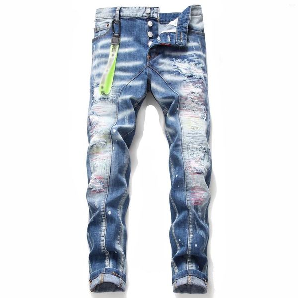 Мужские джинсы скинни с рваной аппликацией, эластичные синие узкие лоскутные брюки со средней талией