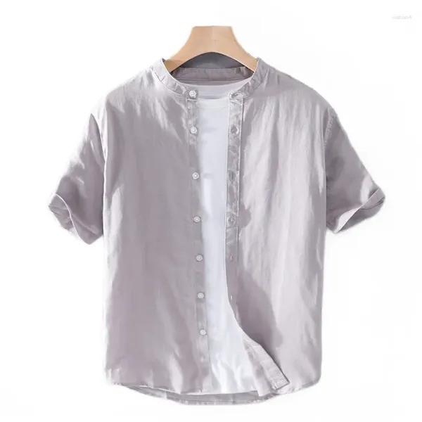Camisas casuais masculinas de algodão linho de manga curta camisa de gola alta cor sólida versátil ajuste solto