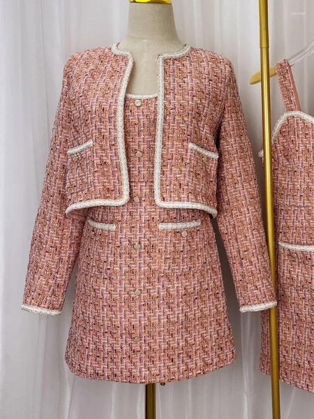 Frauen Jacken 2024 Herbst Winter Kleid Anzüge Vintage Tweed Jacke Mantel Schlanke Hosenträger Kurze Zwei-stück Sets Dame outfit
