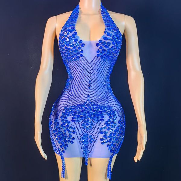 Sexy Royal Blue Abito corto da ballo Tuta 2024 Halter Crystal Diamanti lucidi Guaina Abiti da sera formali per feste Compleanno Vestido De Gala Robe De Soiree