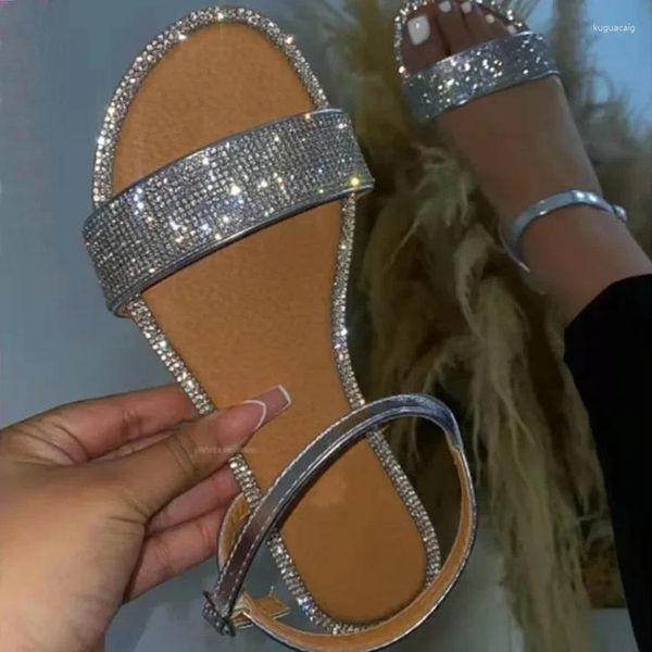 Sandálias planas para mulheres elegantes verão brilhante strass slide sapatos de praia vestido feminino bling na moda senhoras