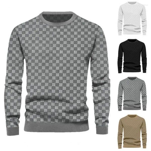 Maglioni da uomo Casual Loose Fit Top modello a quadretti Pullover a maniche lunghe Polsini elastici T-shirt autunno-primavera in tessuto morbido