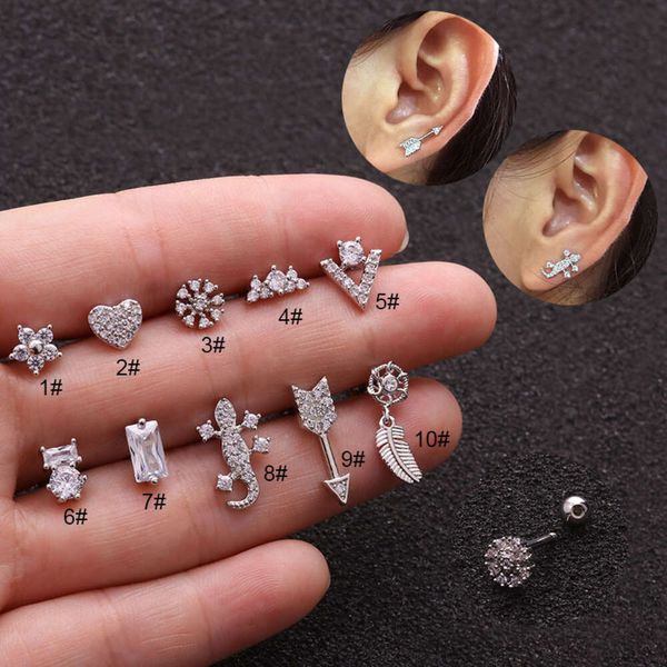 Orecchini a vite con bilanciere a vite elicoidale Orecchini a sfera Orecchini chirurgici in acciaio inossidabile Snew Orecchini creativi Freccia Quadrata Cubic Zirconia Cartilagine Piercing Gioielli per il corpo Bijoux