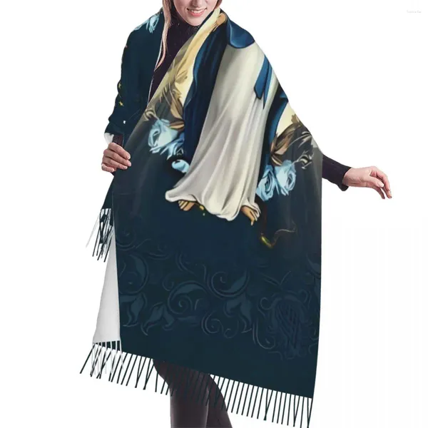 Sciarpe Sciarpa invernale con nappa Signora di Guadalupe Vergine Maria Gesù Collo in cashmere blu Testa calda Scialle di Pashmina Bandana avvolgente
