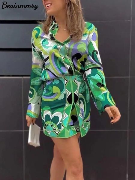 Vestido feminino verde impressão saia curta conjunto de duas peças blusas de manga longa topos e cintura alta mini saias 2022 verão praia mulher outfits