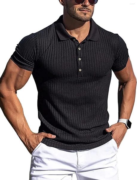 Herren Polos 2023 Sommer Sport Fitness Luxus Polo-Hemd High Stretch Slim Striped Short Sleeve T-Shirt Top Massive atmungsable Cas