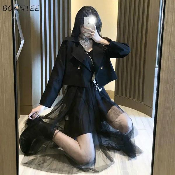 Pantaloni Donna Blazer corti Manica lunga Nero Bottone singolo pasticciato Elegante donna in stile coreano Marchio di moda Hot Ulzzang Capispalla autunnale