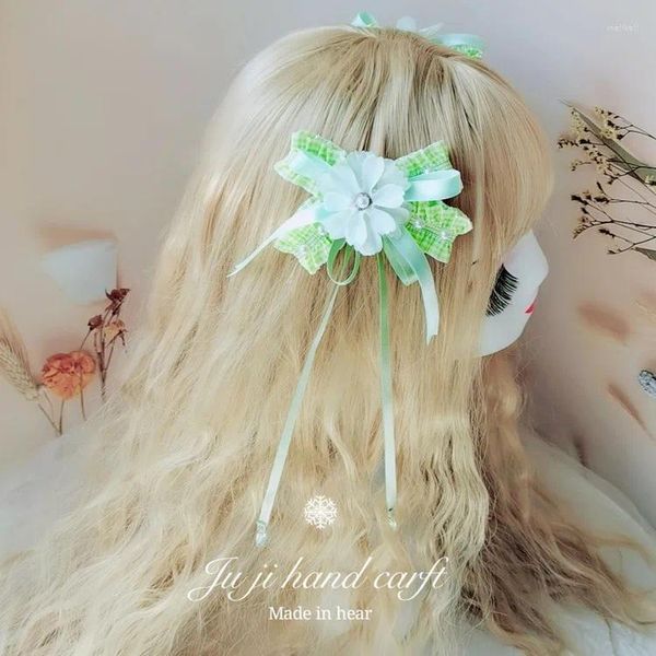 Articoli per feste Lolita Mori Ragazza Erba fresca Colore Bowknot Streamer Nappa Wafer Clip Dolce Fiore Lato Copricapo originale Donna