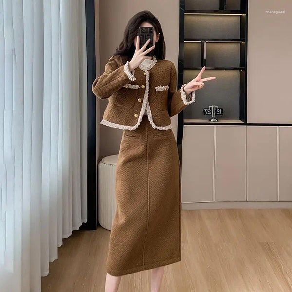 Zweiteiliges Kleid UNXX 2023 Herbst Winter Tweed 2 Stück Set Frauen Colorblocked Kurze Tops Bleistiftröcke Lässige einfache Bürorockanzüge