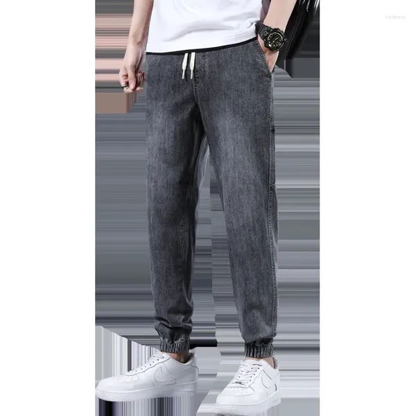 Calças de brim masculinas 2023 primavera verão casual fino algodão lavado baggy cordão elástico cintura denim calças hip hop streetwear