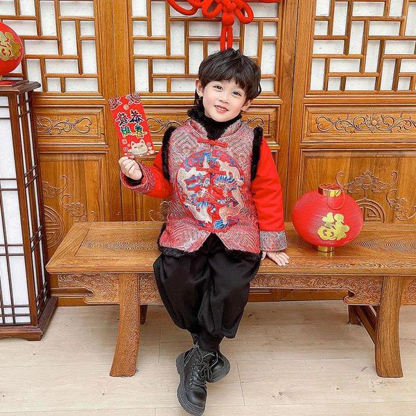Ethnische Kleidung Junge im chinesischen Stil Hanfu Set Jahr Tang Kleidung Vintage Sticken 2-teiliges Outfit Kostüm Kind Button-Down-Hemdhose