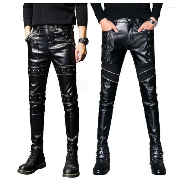 Pantaloni da uomo Skinny Biker Pelle Pantaloni finti da uomo Stage Club Wear Cerniera Rivetto decorativo