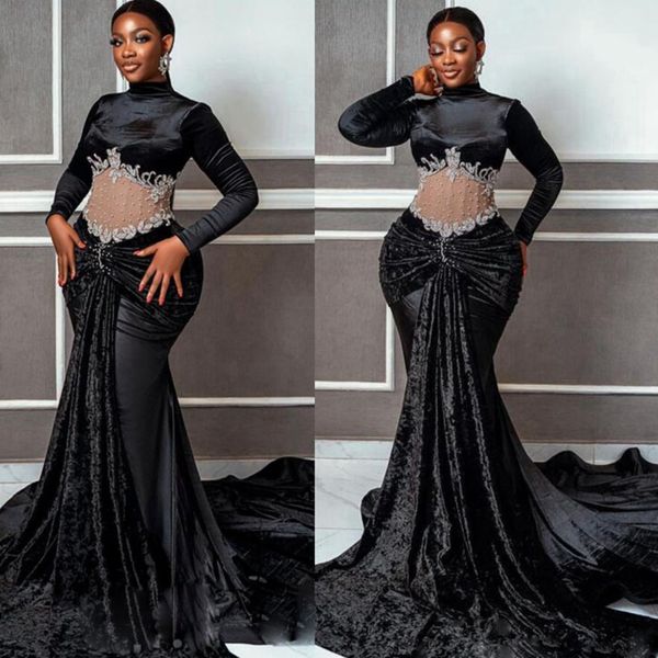 Vestidos de baile de veludo Aso Ebi preto ilusão preto gola alta mangas compridas renda sereia vestido formal de noite para ocasiões especiais roupa feminina negra africana NL212