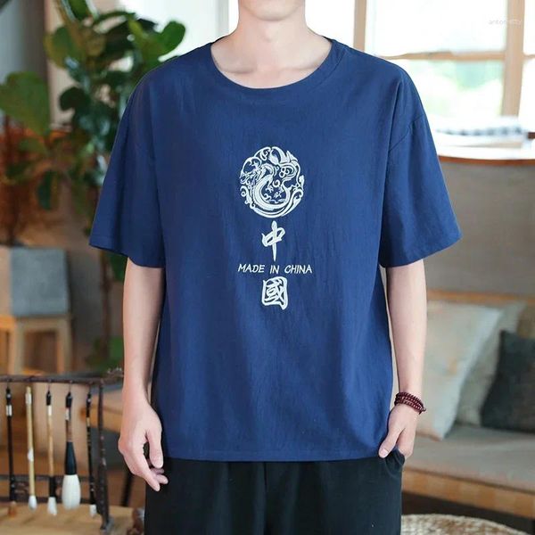 Erkek Tişörtleri Tişört Plus Boyut 4xl 5xl Keten Erkek Büyük Büyük O-Neck Gömlek Çin tarzı Fat Fat Guy Rain Casual Kısa Sleeve