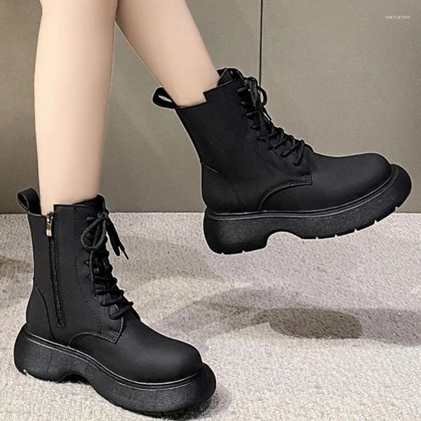 Botas senhoras sapatos à venda 2023 rendas até zíper feminino outono redondo dedo do pé plataforma sólida meados de salto à prova de água moda