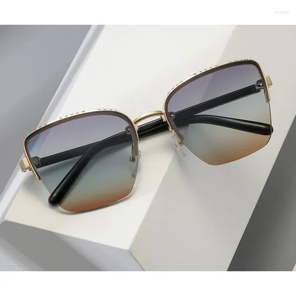 Óculos de sol moda retro designer oversized metal meia armação de três cores gradiente feminino estilo y2k óculos de sol