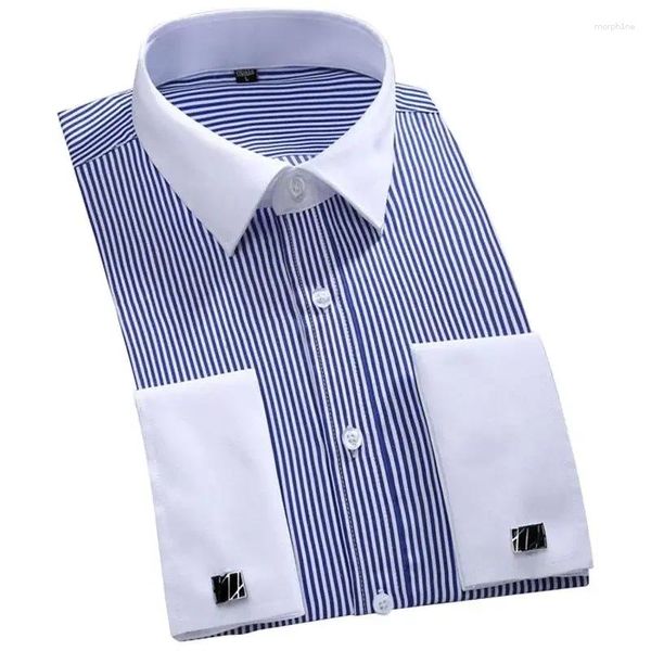 Camisas de vestido masculinas França Abotoaduras Mens Social Manga Longa Smoking Clássico Contraste Collar Listrado Camisa Sólida para Homens Negócios M-6XL