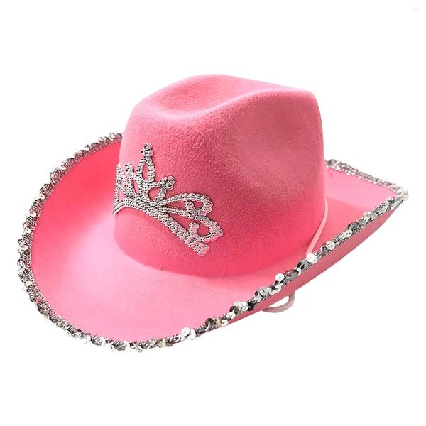 Boinas mulheres menina coroa incrustada cowgirl chapéu festa com luz estilo ocidental masquerade vestuário acessórios traje feltro desempenho de palco