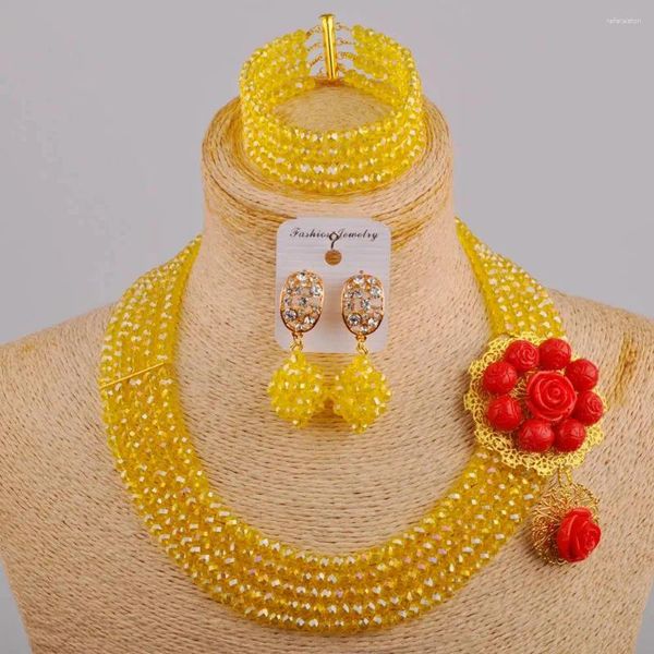 Collana Orecchini Set Nigeria Donna Sposa Gioielli da sposa Perline africane Accessori per abiti Semplice cristallo giallo XK-53