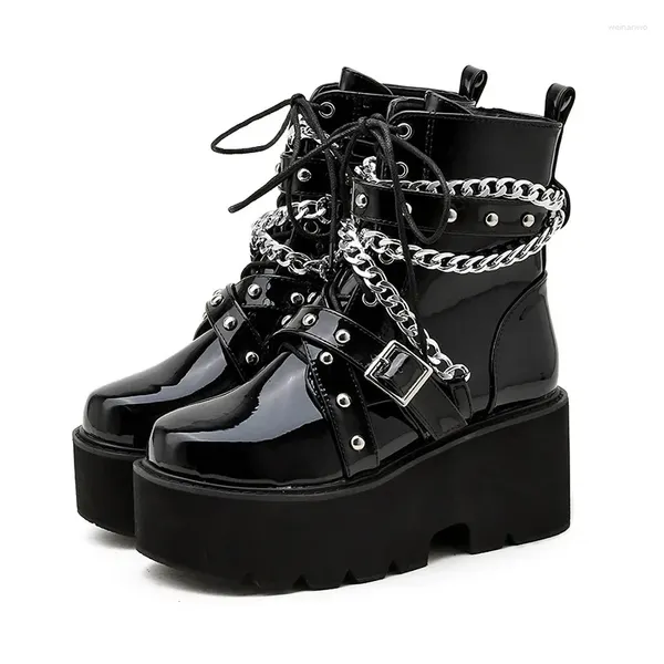 Stiefel Herbst Dicke Ferse Ritter frauen Plattform Punk Stil Komfort Kette Verzierte Sohle Mid-länge Zapatos De Mujer 2023