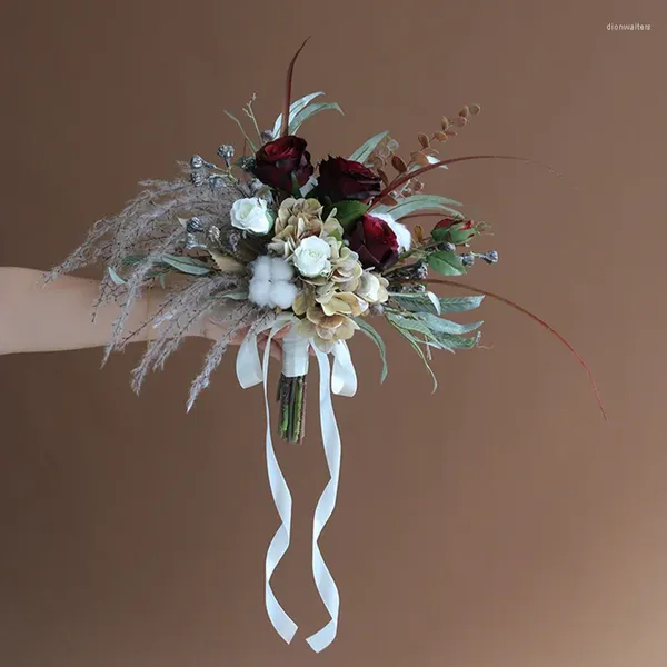 Fiori nuziali NZUK Bouquet romantici bordeaux Rose di seta artificiale Bouquet da sposa in cotone stile europeo De Marie