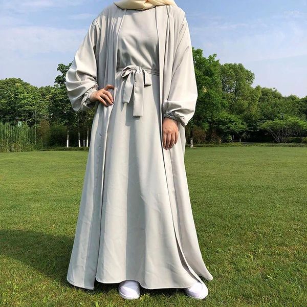 Abbigliamento etnico 2 pezzi Nida Abaya Set EID Kimono di alta qualità con maniche elastiche Tasche Cintura Slip Dress Donne musulmane islamiche