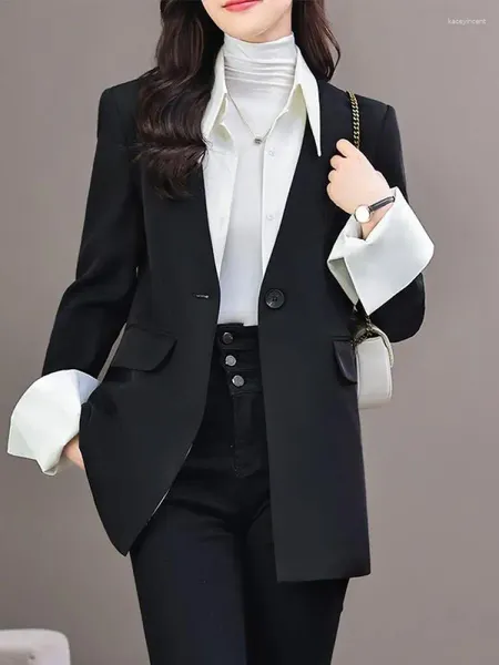 Ternos femininos coreano casual camisa retalhos blazer casaco femme de alta qualidade feminino único botão jaqueta primavera outono escritório trabalho terno