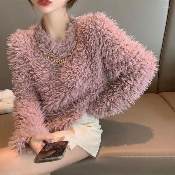 Suéteres femininos Faux Mink Cashmere Sweater Mulheres 2023 Outono Inverno Mohair Malha Pulôver Curto Casual Manga Longa O Pescoço Jumpers