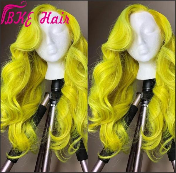 Parrucche naturali ondulate lunghe colore giallo neon parrucche sintetiche resistenti al calore in pizzo anteriore parrucche per trucco per feste cosplay