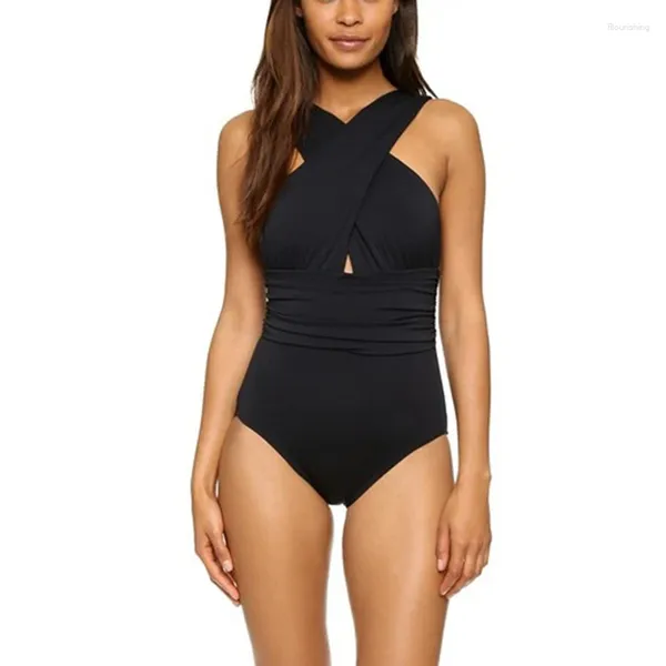 Женские купальники для женщин, цельный дизайнерский купальник с перекрестной спиной, летний монокини, однотонный красный, черный, сексуальная пляжная одежда