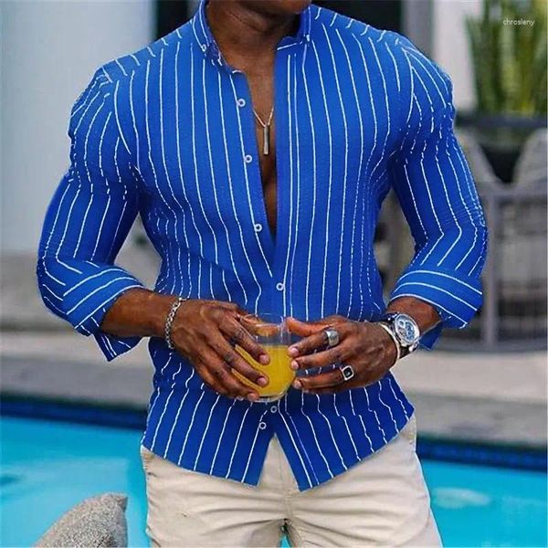 Camisas casuais masculinas camisa abotoada verão camiseta azul trevo manga longa listrado lapela diário resort wear elegante e confortável 6xl