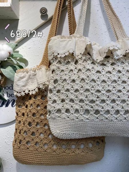 Sacos de compras Mori Gril Doce All-Fit Mão-Crocheted Algodão Linho Bolsa de Ombro Mulheres Japonesas Rendas Patchwork Oco Tecido Tote