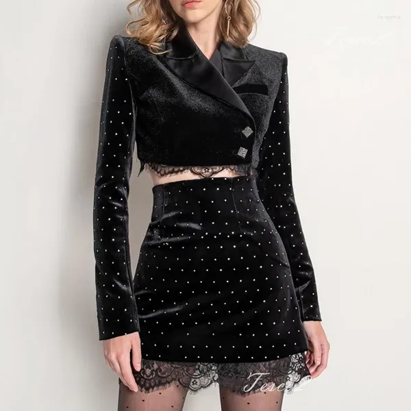 Платье из двух предметов Tesco, женские комплекты с черной юбкой, бархатный пиджак с высокой талией, короткий весенний комплект для офисных леди, элегантный кружевной женский костюм, комплект