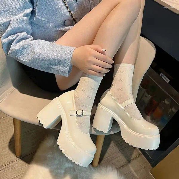 Sapatos de vestido senhoras calçados de verão gótico branco para mulheres 2023 estilo japonês lolita mary jane super salto alto redondo dedo do pé plataforma sapato