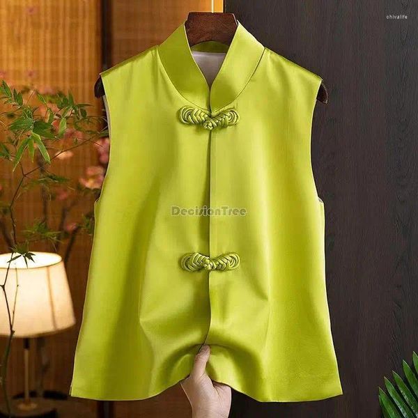 Abbigliamento etnico Verde fluorescente Tradizionale cinese Top Gilet quotidiano da donna Gilet orientale senza maniche Fibbia a disco Tang Suit Qipao