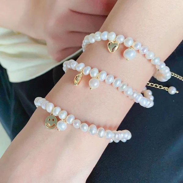 Charme pulseiras minar estilo coreano pérola de água doce oco moeda sorriso feijão coração para mulheres 14k real banhado a ouro jóias de latão