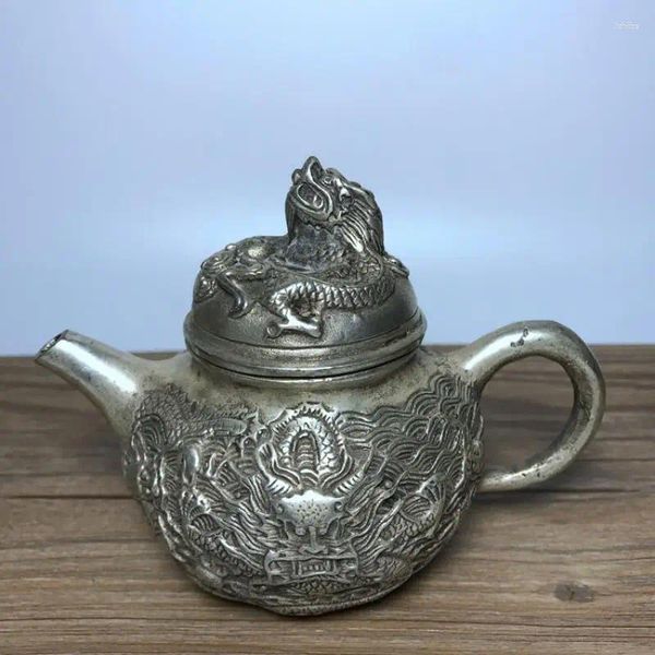 Bottiglie Cinese Vecchio Tibet Teiera D'argento Intagliato A Mano Drago Che Gioca W Xuande Mark Z Flagon Bollitore Placcato Collezione di Ornamenti