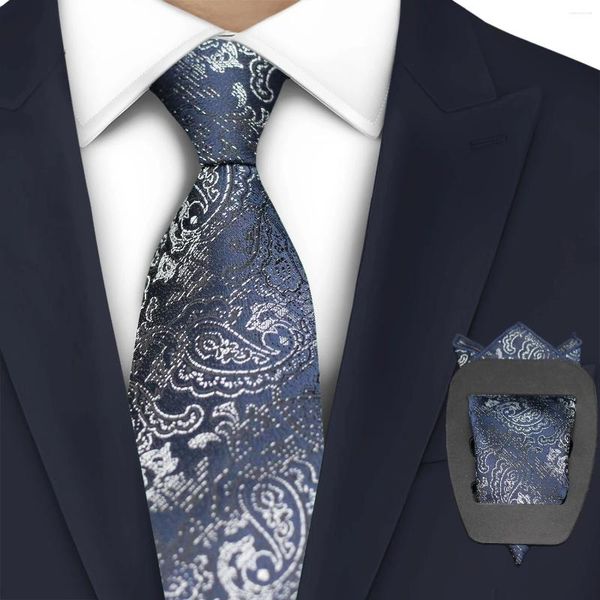 Fliegen Klassische blaue Paisley-Krawatte für Mann Business Bräutigam Hochzeitsfeier Mode Seide Herrenkrawatte mit Einstecktuch-Set