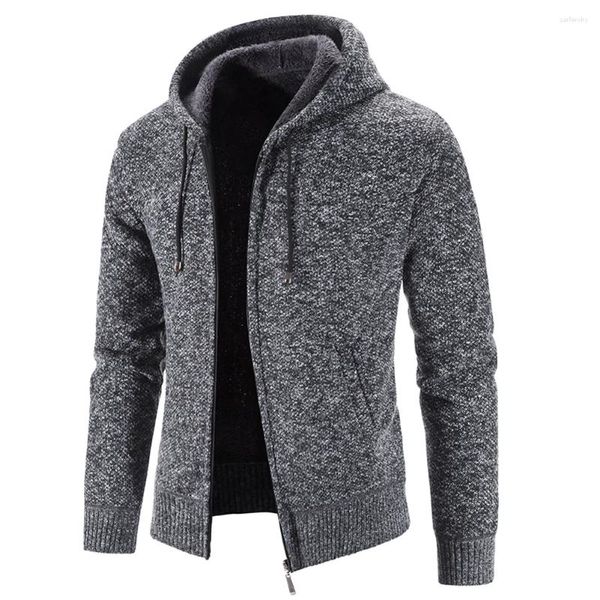 Casacos masculinos inverno quente grosso pele forrado malha com capuz jaqueta zip up ao ar livre cor sólida casaco com capuz roupas