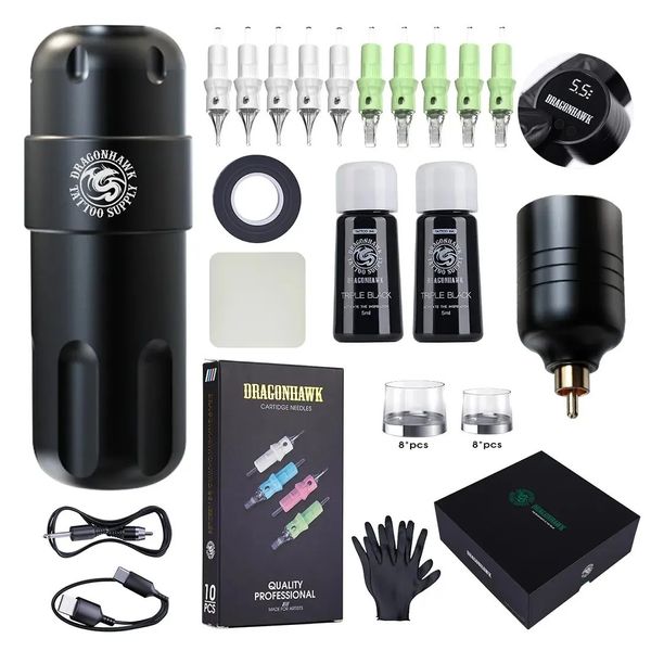 Dragonhawk kit de máquina de tatuagem caneta completa sem fio kit de tatuagem tipo-c carregar rapidamente bateria conjunto de tinta suprimentos de tatuagem 231229