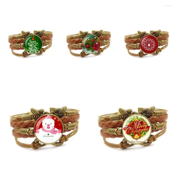 Bracciale rigido alto albero di Natale per regali da donna Ragazzo braccialetto di gioielli in pelle marrone multistrato stile vintage antico